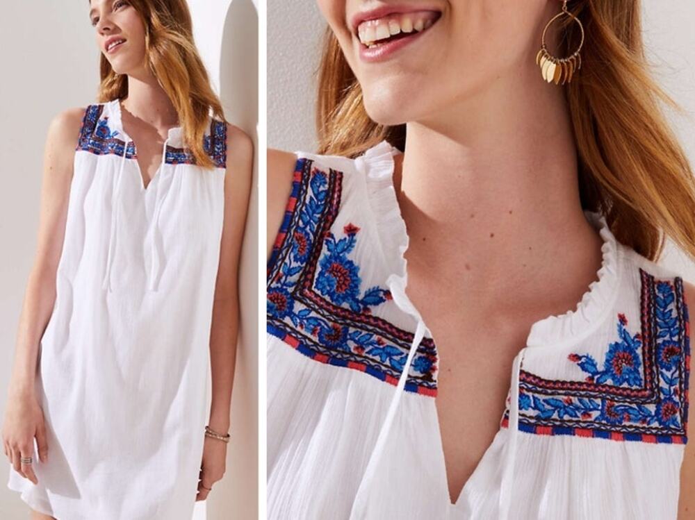 LOFT NEW White Gauze Boho Floral Embroidered Sleeveless Shift Dress Women Medium